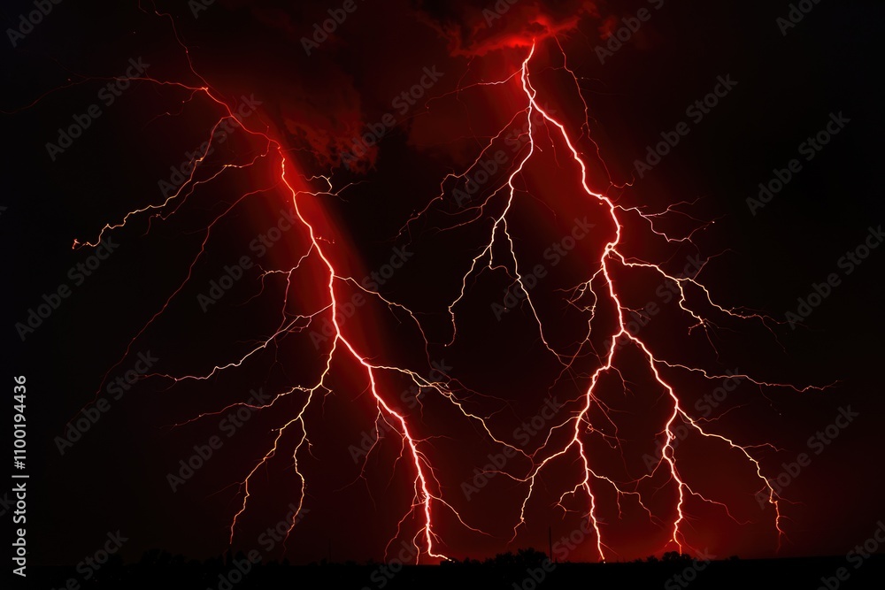 Poster a pair of lightning bolts illuminated in the dark blue sky, creating a dramatic and intense atmosphe