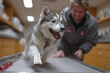 Happy Siberian Husky running on a treadmill with a veterinarian.