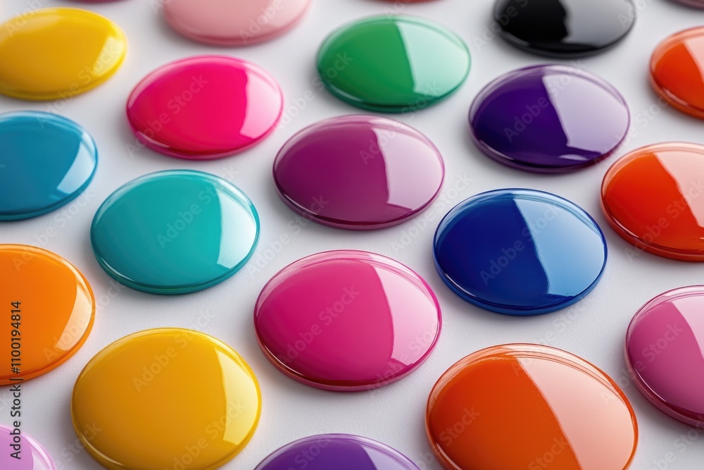 Poster a collection of colorful buttons arranged on a clean white background