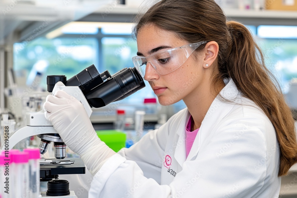 Poster a scientist analyzing a specimen under a microscope, surrounded by lab equipment in a sterile enviro