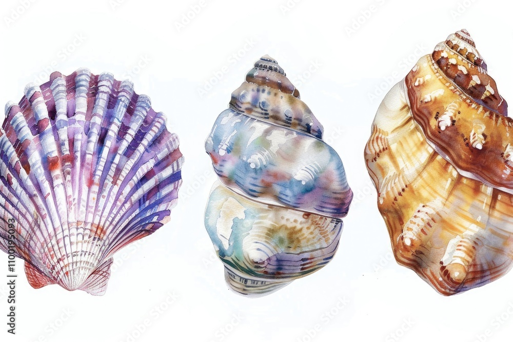 Poster close-up of three seashells aligned on a clean white surface