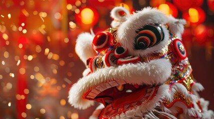 Chinese New Year, Spring Festival, Chinese dragon, carnival costume, street fair on a blurred background, garlands of glowing red paper lanterns, bokeh effect, copy space, free space for text