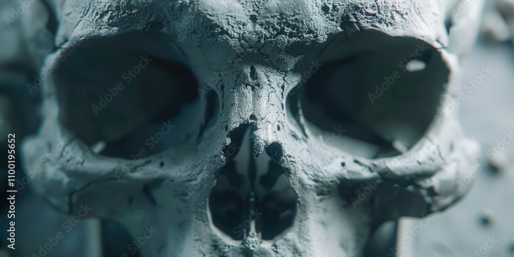 Poster a detailed view of a skull statue sitting on a table, often used in dark and mysterious settings