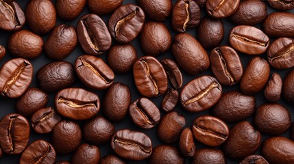 Fototapeta premium Closeup of a pile of aromatic dark roast coffee beans, visual journey into the world of coffee