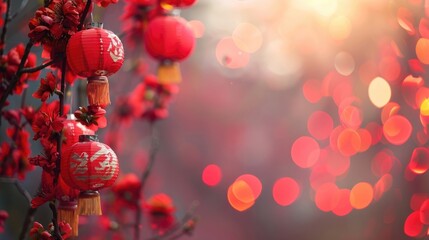 Obraz premium horizontal banner, Chinese New Year, Spring Festival, background, sakura flowers, garlands of glowing red paper lanterns, glitter and radiance, bokeh effect, copy space, free space for text