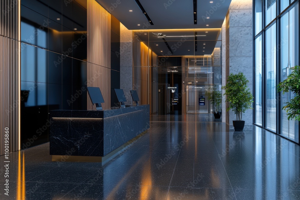 Aufkleber a large, modern lobby with a black counter and two computer terminals