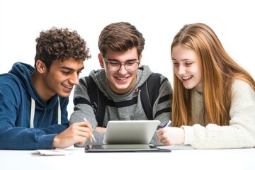 Fototapeta premium A group of young people gathered around a tablet computer, exploring its content