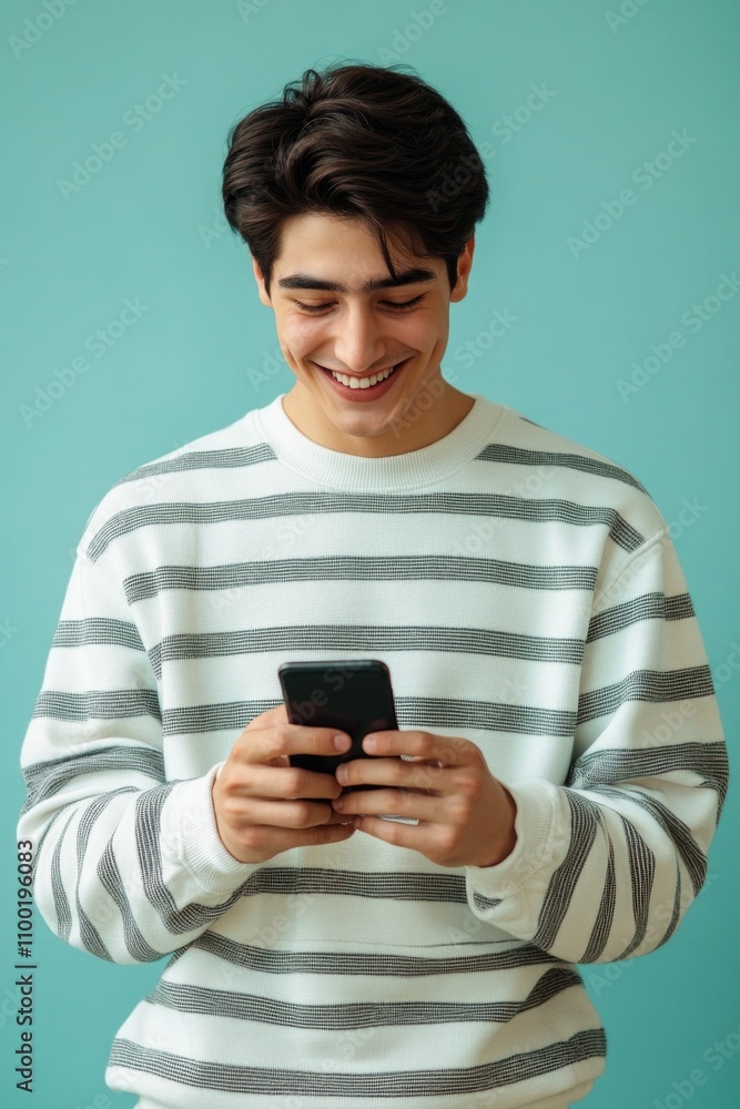 Aufkleber a person smiling and looking at their smartphone in a casual setting