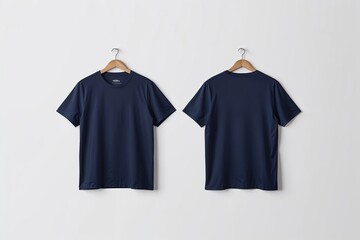 Minimalist Navy Blue Shirt Mockup Layout, Front and Rear View, Set Against White Background, Customizable Tee Design