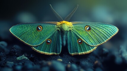 Vibrant green moth with intricate wing patterns resting on dark surface
