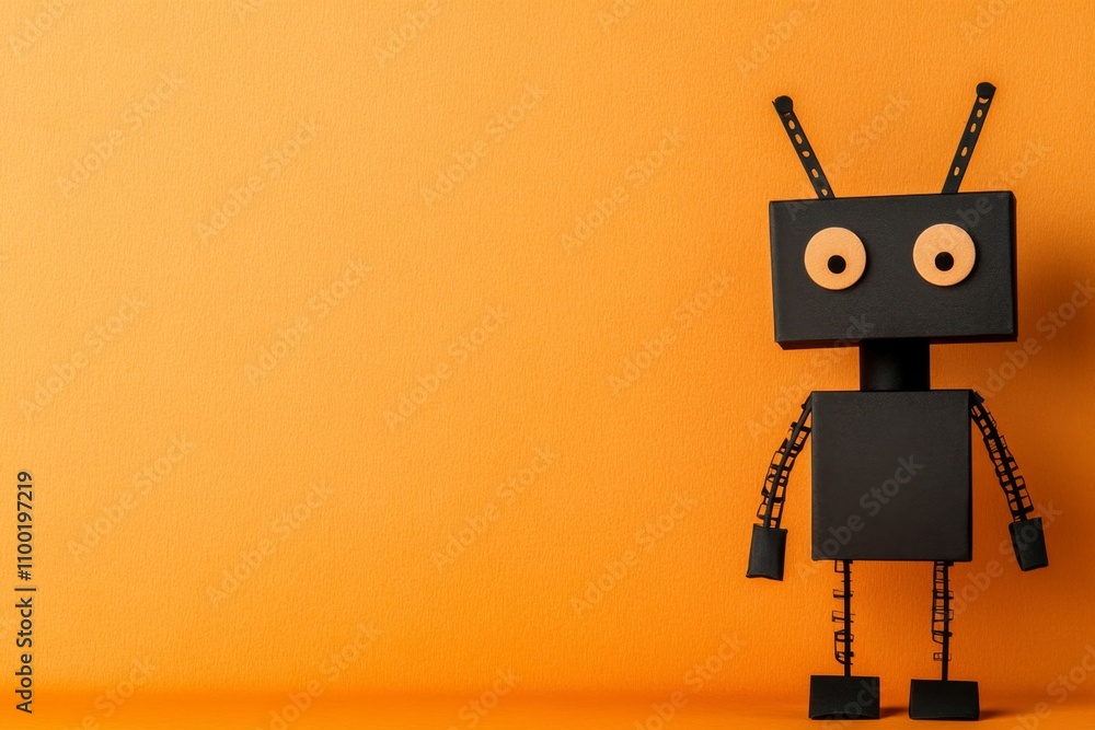 Aufkleber A single robot silhouette with a simple boxy design, placed on a neutral gradient background in a minimalist composition