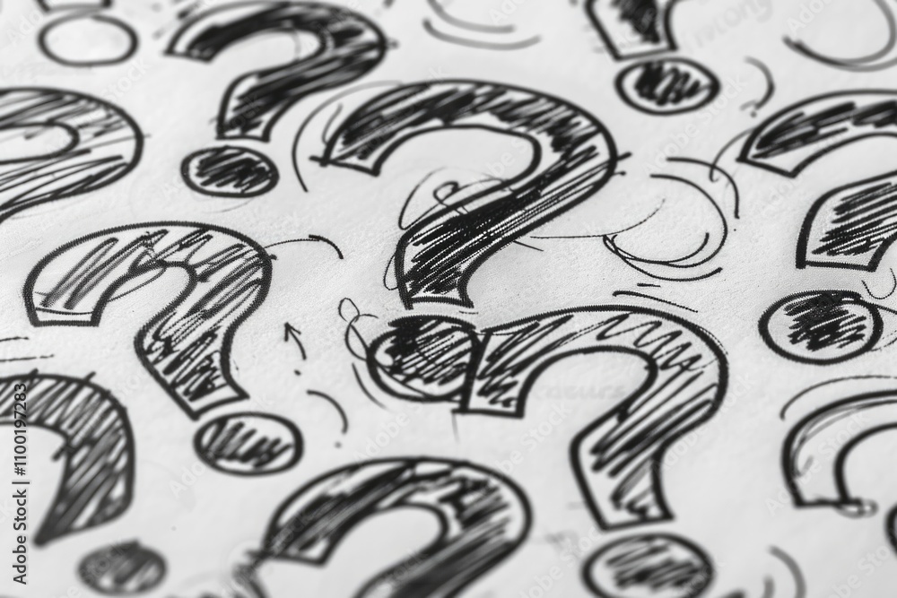 Poster blank sheets filled with question marks, often used as a symbol for uncertainty or confusion