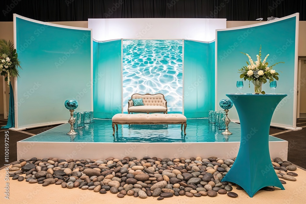 Aufkleber stunning aqua event setup with stage smooth pebbles and refreshing backdrop