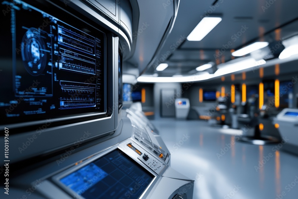 Poster a futuristic space station with a large computer screen in the middle