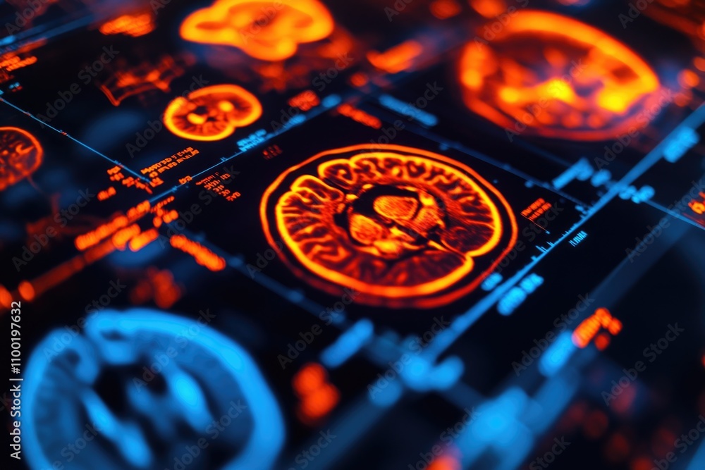 Poster close-up shot of a computer screen displaying a glowing brain icon