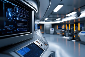 Obraz premium A futuristic space station with a large computer screen in the middle