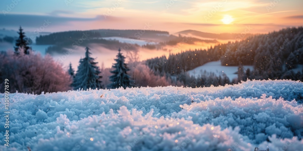 Poster a serene sunset view from the top of a snowy mountain range, ideal for use in travel or nature-theme