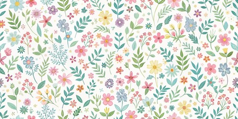 Watercolor Floral Pattern with Pink, Blue, and Yellow Flowers, Seamless Design, White Background, Springtime, Floral Illustration