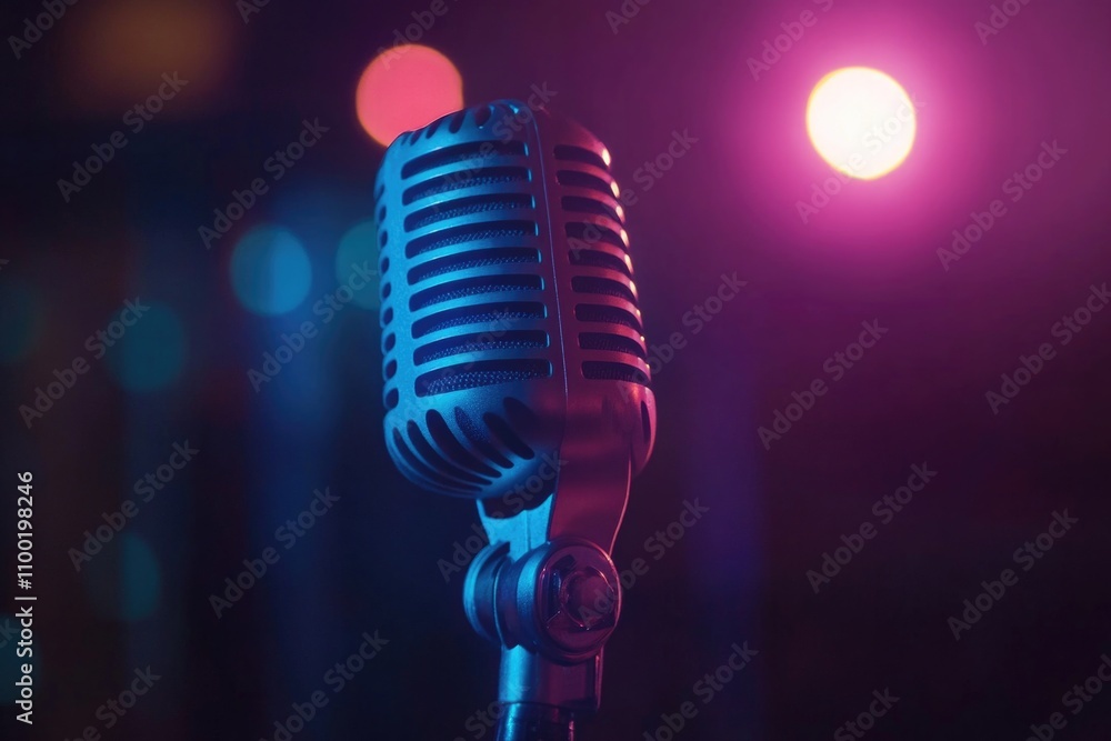 Poster a close-up view of a microphone standing upright on its stand, ready for use