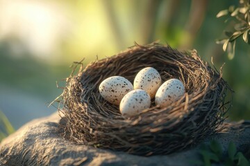 Obraz premium A nest of three eggs sits on a rock