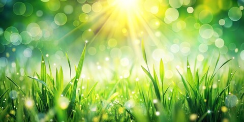 Obraz premium Sunrise Through Green Grass Blades with Dew Drops, Bokeh, Green, Nature, Spring , Grass