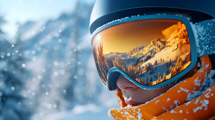 Close-Up of a Skier Wearing Orange Reflective Goggles with Stunning Mountain Landscape