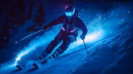 Dynamic Nighttime Skiing Action with Skier Carving Through Snow and Bright Blue Lights