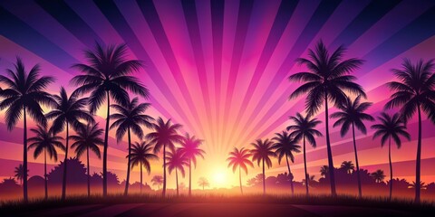 Obraz premium Silhouette Palm Trees at Sunset with a Striped Sky, Digital Art, Palm Tree, Sunset, Tropical, Summer
