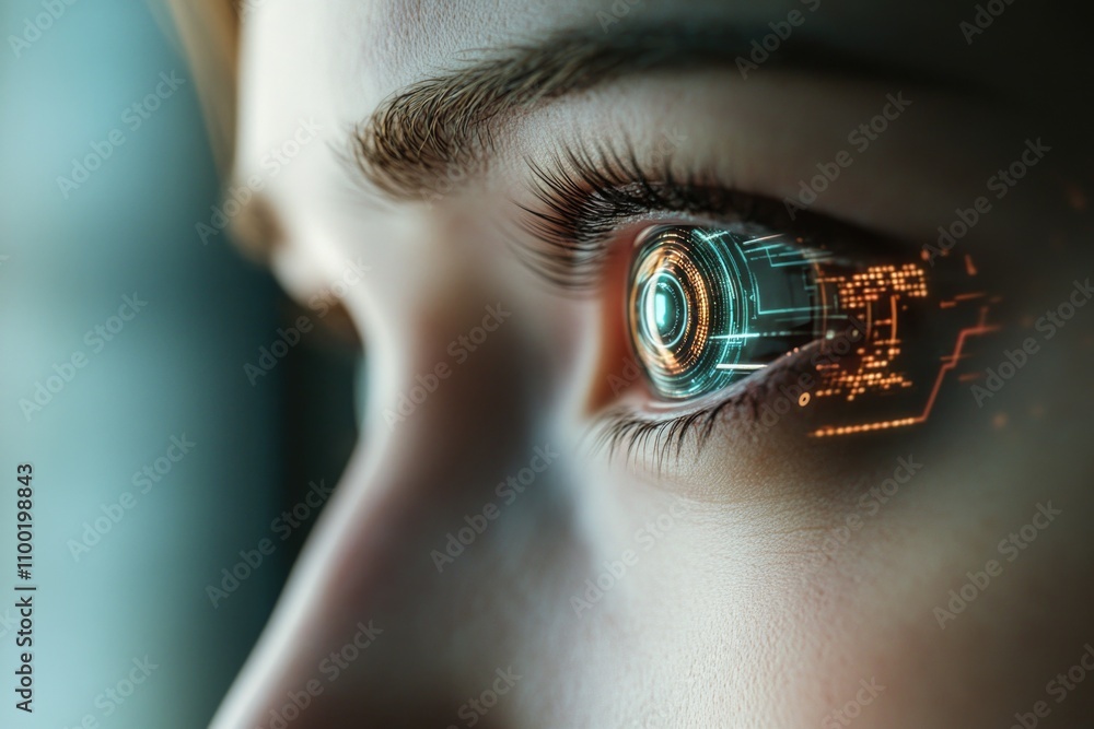 Poster A close-up view of a person's eye featuring a futuristic design, ideal for use in sci-fi or technology-themed projects