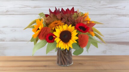 Fototapeta premium Autumnal Sunflower Bouquet in Glass Vase