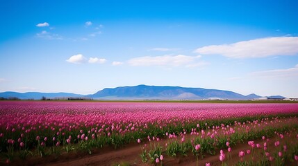 Obraz premium Pink Tulip Field Under a Blue Sky With Mountains