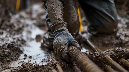 Construction Site: Muddy Hands and Metal Pipes