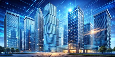 Fototapeta premium Connected Skyscrapers A Digital Network Over a Modern Metropolis, skyscrapers, city, network, futuristic