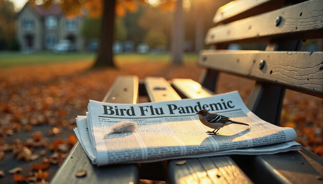 A newspaper with "Bird flu pandemic" headline on a bench, suggesting recent headlines or ongoing concerns. Bird is setting on newspaper.