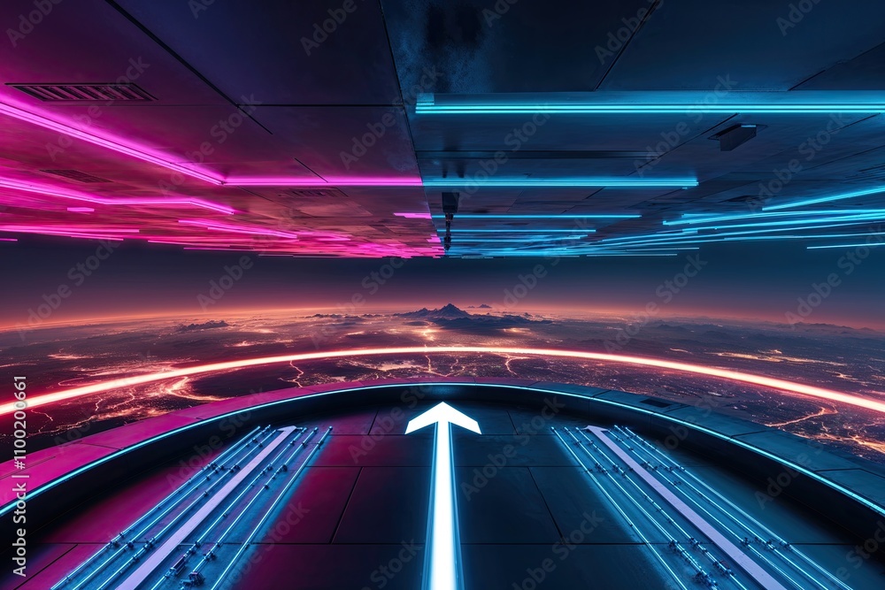 Poster futuristic 3d neon panoramic world edge layout with navigation arrows and flashing lights