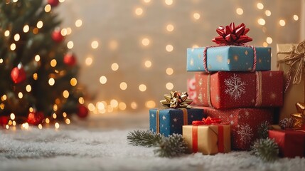 Magical Christmas Scene Stacked Presents Traditional Decorations