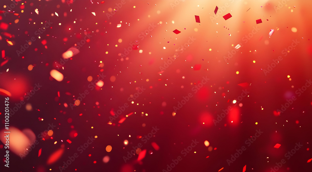 Poster red confetti and sparkles falling on a red background, illuminated by a bright light source.