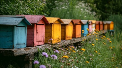 Naklejka premium A row of wooden bee hives are lined up in a field of flowers