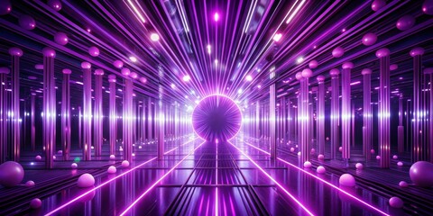 Obraz premium 3D Rendered Neon Purple Corridor with Spheres and Columns, 3D Rendering, Neon, Abstract, Light