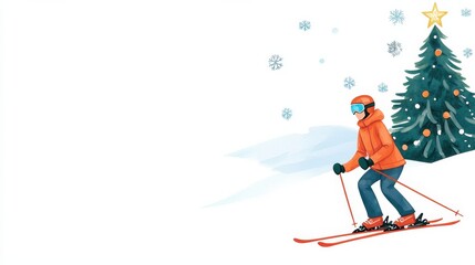 Fototapeta premium A watercolor skier in an orange jacket glides through snowy terrain, with a decorated Christmas tree and falling snowflakes in the background.