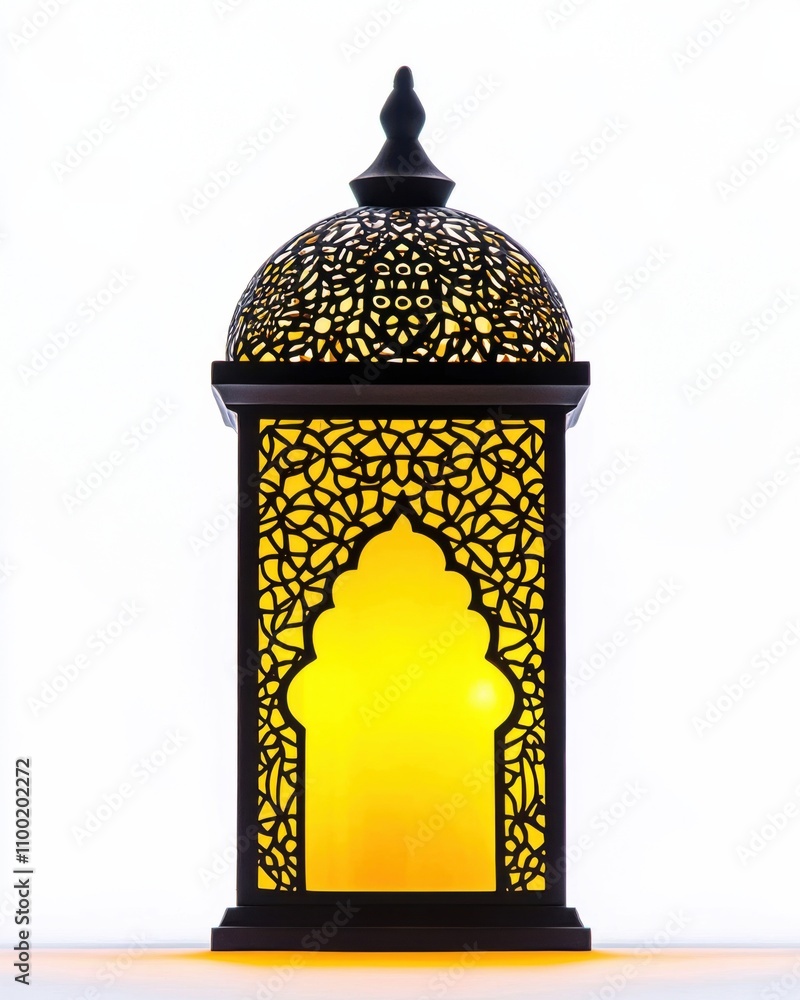 Poster an ornate lantern with intricate patterns, glowing softly from within, creating a warm and inviting 