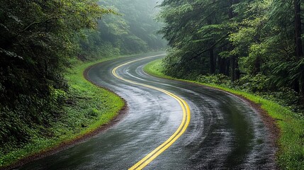 Fototapeta premium Rainy Forest Road: A Serene Scenic Drive