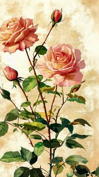 Beautiful pink roses bloom against a textured beige background showcasing intricate details of petals and leaves