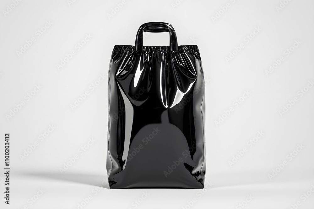 Poster Sleek Black Glossy Shopping Bag on White Background with Drawstring Closure and Modern Design Features
