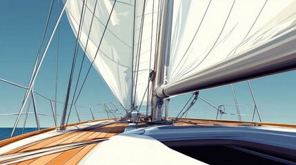 Fototapeta premium View of sailboat deck from above, showing ropes and sails