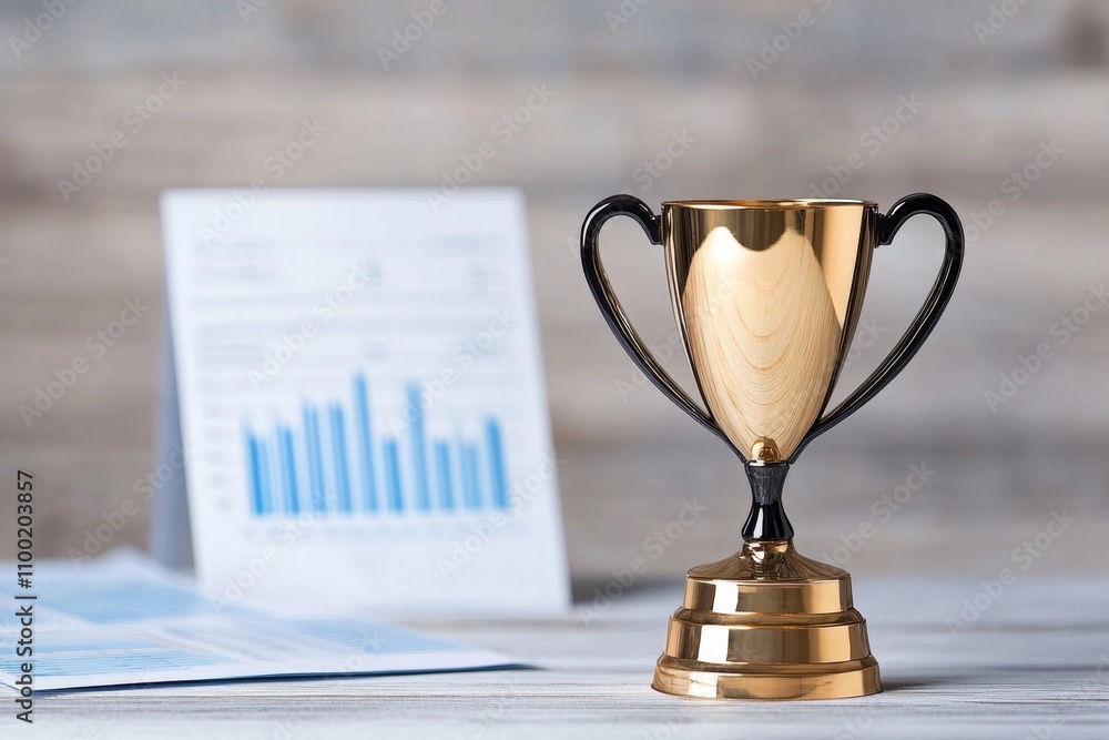 Poster a stylish office setup with a golden trophy displayed on a shelf next to financial reports
