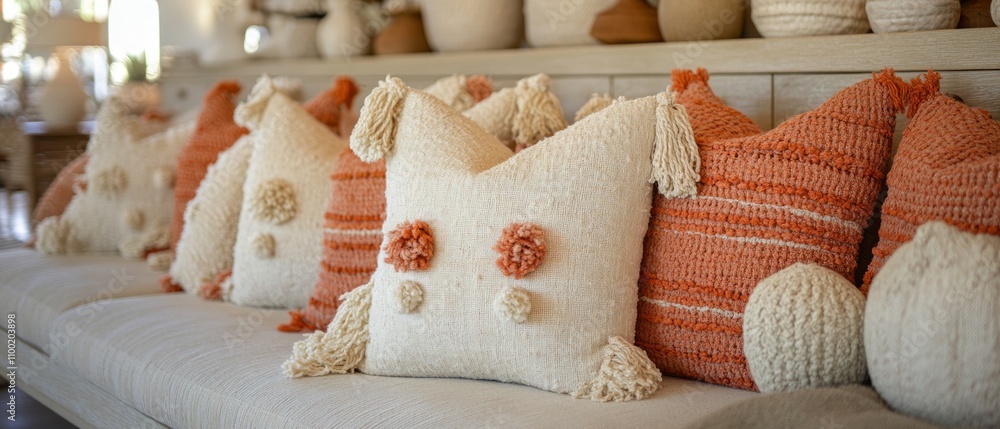 Aufkleber cushions with unique textures and colors are thoughtfully placed on a sofa, creating a welcoming atm