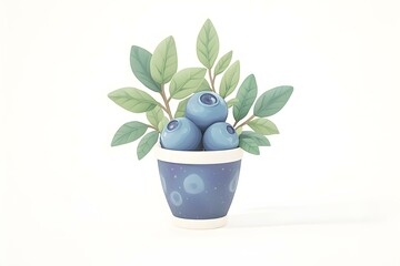 Fototapeta premium Fresh Blueberries in Decorative Pot Surrounded by Green Leaves on White Background