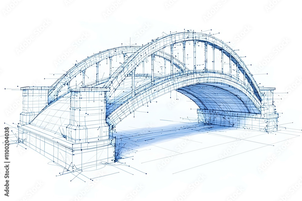 Poster detailed blueprint of an architectural bridge design featuring arches and structural elements in blu