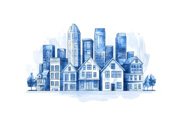 Obraz premium Vibrant Watercolor Cityscape of Modern and Traditional Homes with Urban Skyline in Soft Blue Tones
